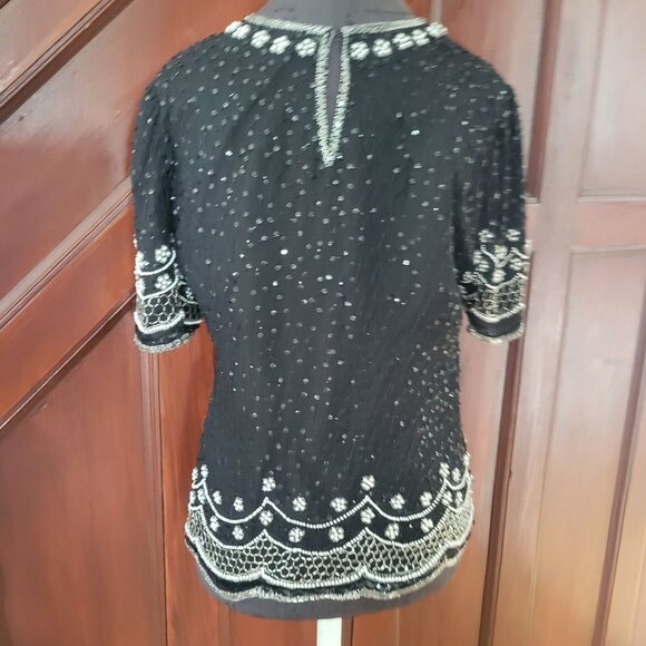 Vintage Lawrence Kazar Beaded & Sequined Black Silk Blouse With Silver Embellish - Picture 4 of 8